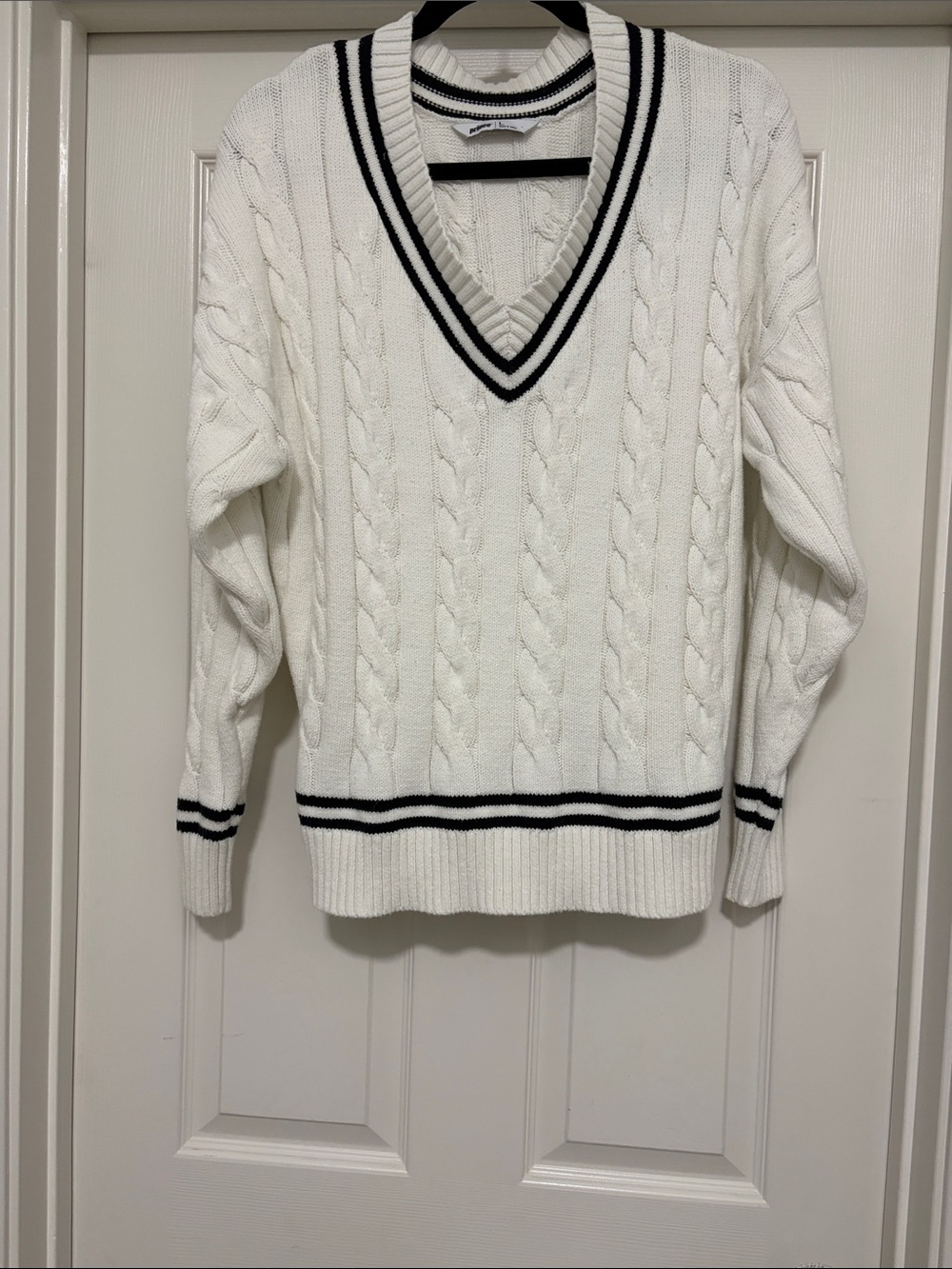 Prince White Cable Knit V-Neck Tennis Sweater - Varsity Preppy Striped Accent